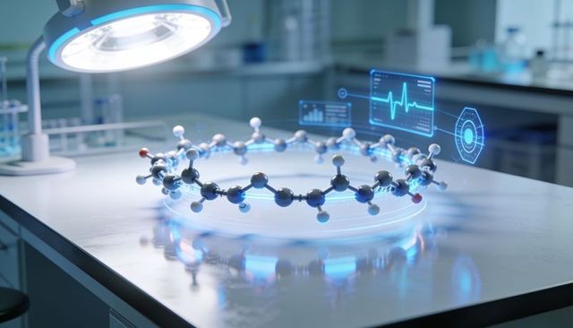 Holographic molecular ring hovering over lab bench with ar data panels and led reflection