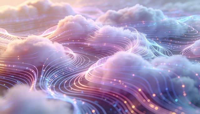 Glowing cloudscape flowing with neon contour lines and sparkling data trails for tech and creative u