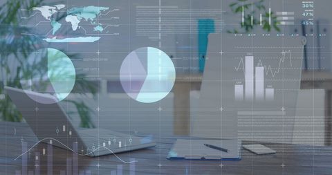 Business Desk with Digital Financial Charts and Laptop Overlay - Download Free Stock Images Pikwizard.com
