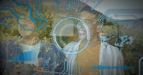 Young man exploring augmented reality HUD and tablet outdoors, data visualization overlay