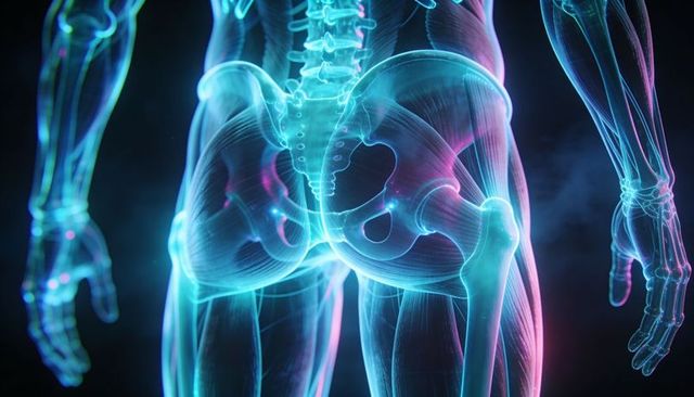 Glowing translucent 3D posterior pelvis anatomy highlighting sacrum, acetabula and hip joints