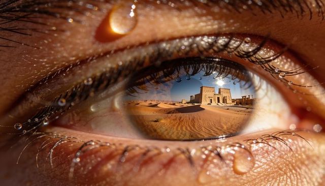 Macro closeup of tearful eye reflecting desert temple and sand dunes