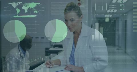 Female doctor leaning at nurses station writing on clipboard with health data overlay