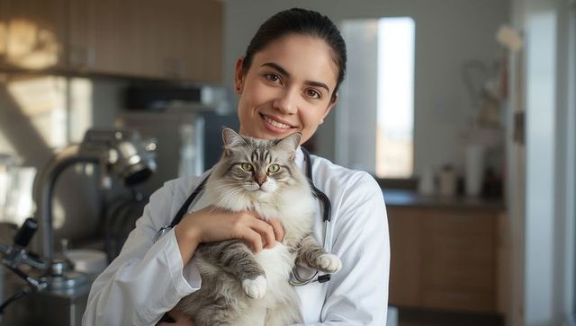 Smiling Female Veterinarian Holding Fluffy Gray Cat in Modern Clinic