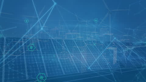 Digital Network Overlay on Renewable Energy Cityscape