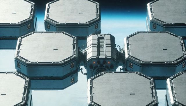 Hovering octagonal orbital platform array linking central docking module above planet limb