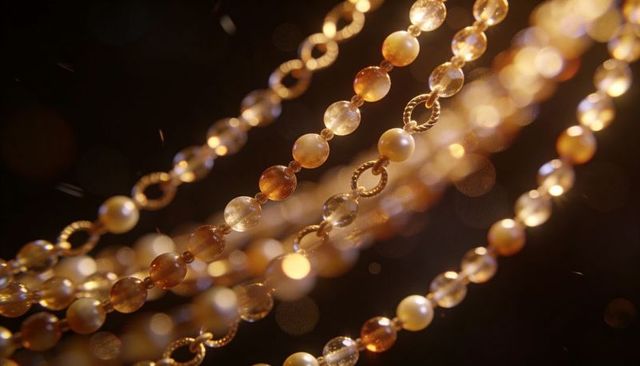 Golden pearl and amber beaded chains draping with bokeh sparkle and warm metallic glow