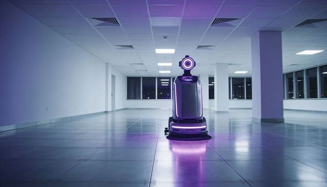Gliding autonomous floor scrubber glowing purple leds on polished tiles in modern office