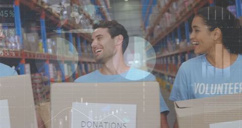 Cheerful Volunteers with Donations Amidst Data Elements - Download Free Stock Images Pikwizard.com