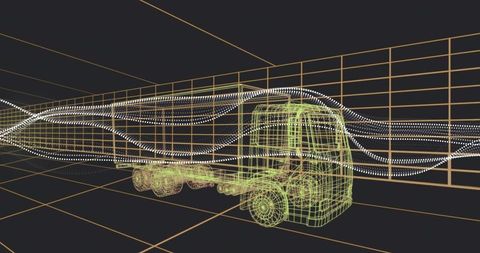 Neon Wireframe Truck on Futuristic Digital Grid with Flowing Dotted Data Waves