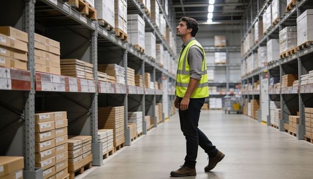 Worker inspecting warehouse shelves and pallets, checking inventory and rack labels