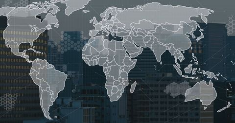 Abstract World Map Overlay on Modern Cityscape - Download Free Stock Images Pikwizard.com