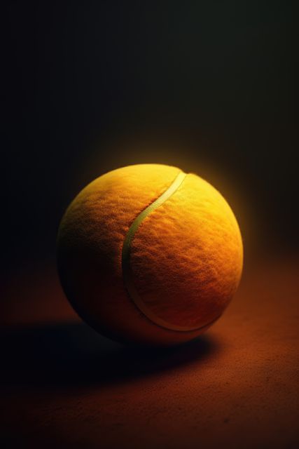 Close up view of tennis ball on clay court illuminated under spotlight. Details of the ball's texture and clay surface captured beautifully. Perfect for use in sports advertisements, tennis event promotions, equipment branding, blog posts, and as an inspirational sports background.