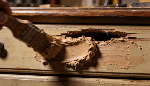 Applying wood filler to damaged drawer front with brush during furniture restoration