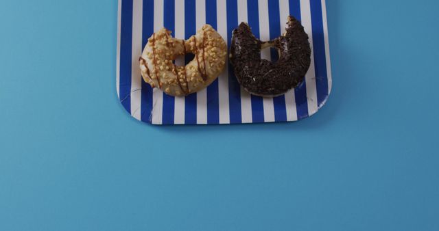 Two Delicious Donuts on Striped Tray Top View with Blue Background - Download Free Stock Images Pikwizard.com