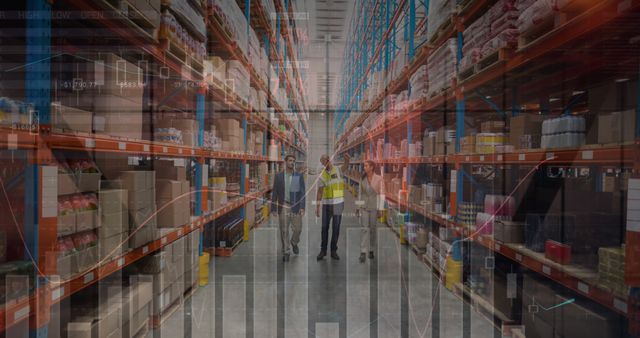 Warehouse Team Reviewing Inventory with Stock Market Graph Overlay - Download Free Stock Images Pikwizard.com