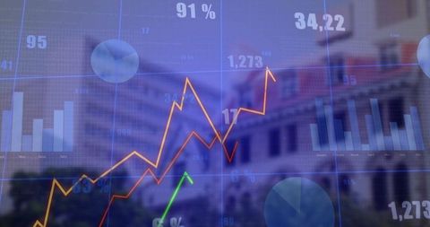 Overlayed financial data visualization on modern building