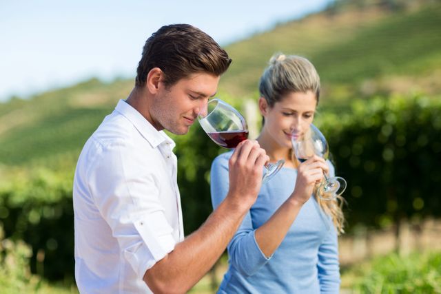 Young friends enjoying wine tasting experience in a vineyard. Ideal for use in advertisements for wine tours, vineyard promotions, lifestyle blogs, social media posts about wine culture, and leisure activities.