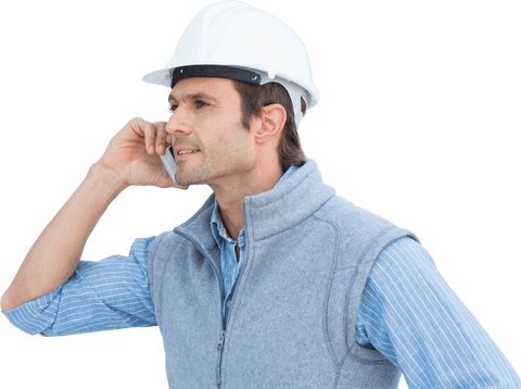 Architect in Blue Shirt on Mobile Phone, Wearing White Hard Hat, Transparent Background - Download Free Stock Videos Pikwizard.com