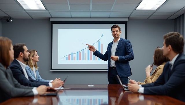 Business professional giving presentation in boardroom
