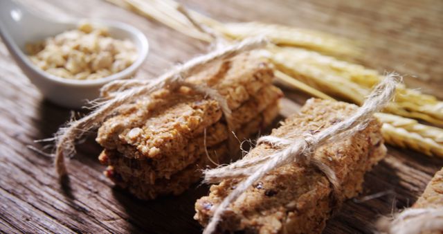 Close-up of Tied Granola Bars on Wooden Table - Download Free Stock Images Pikwizard.com