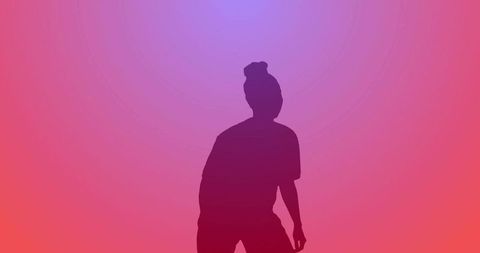 Contemplative Woman Silhouette Leaning with Hair Bun on Pink-Purple Gradient Backdrop