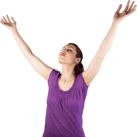Transparent emotional woman with arms raised in relaxed pose