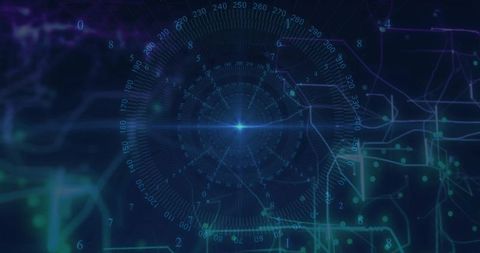 Rotating Radial HUD Interface with Numeric Dial, Starburst Core and Network Nodes