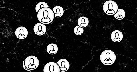 Abstract network of white avatar nodes on cracked black background for social connections