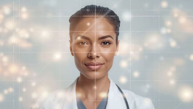 Smiling female physician wearing lab coat and stethoscope with futuristic digital grid