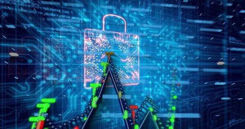 Digital Security Concept with Neon Padlock and Candlestick Chart