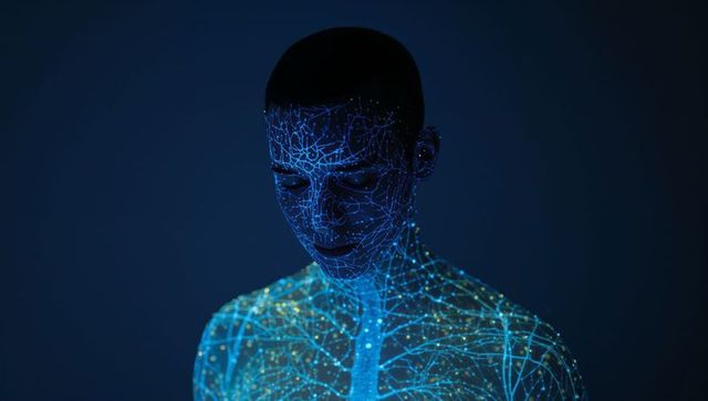 Man displaying glowing neural network projection on face and torso, neon blue futuristic