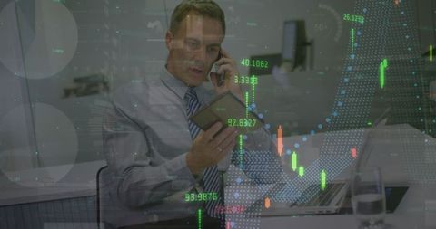 Businessman Analyzing Data on Mobile and Laptop Amidst Digital Graphics