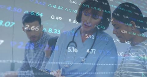 Healthcare professionals analyzing stock market data