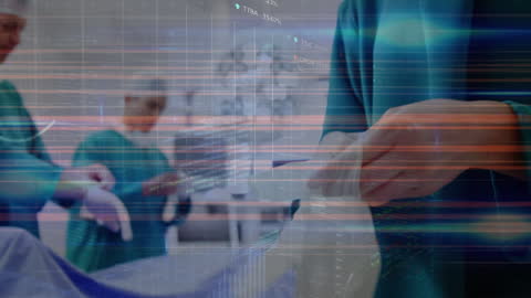 Surgeons Preparing with Stock Market Data Overlaid