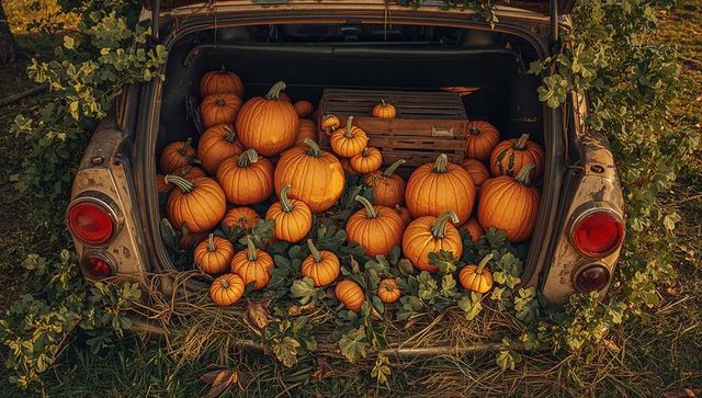 Vintage car trunk brimming with pumpkins for rustic autumn harvest display