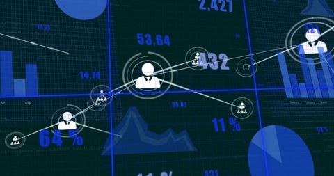 Pulsing network hub visualizing business connections, analytics, charts and percentages