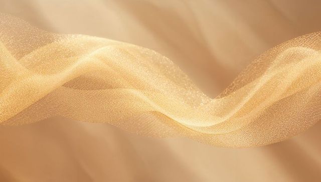 Undulating Golden Mesh Ribbon Flowing Over Warm Beige Gradient Shimmering Abstract Texture