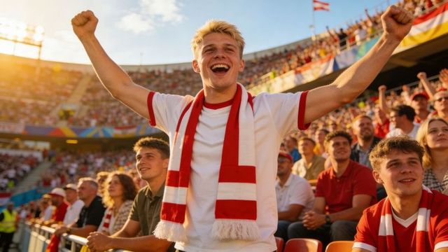 Cheering football fan celebrating with arms raised in packed stadium
