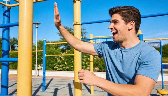 Smiling man waving and stretching at outdoor calisthenics park with yellow and blue bars