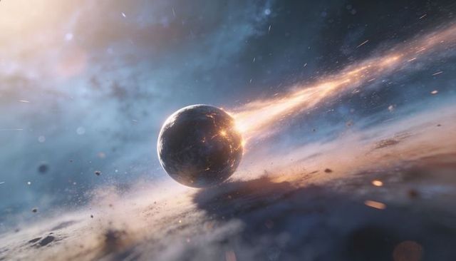 Molten sphere colliding with planetary ring, trailing fiery plume and scattering debris