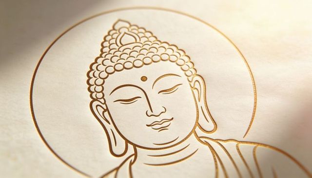 Gold line buddha embossed halo on cream paper warm light minimal zen spiritual art