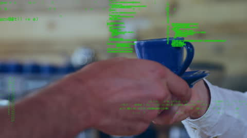 Data and Technology Concept with Coffee Cup and Hands