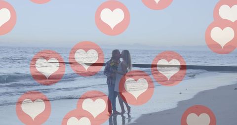 Seaside Romance with Overlaying Heart Icons