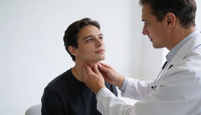 Physician palpating young man's neck during clinical examination, doctor consulting patient