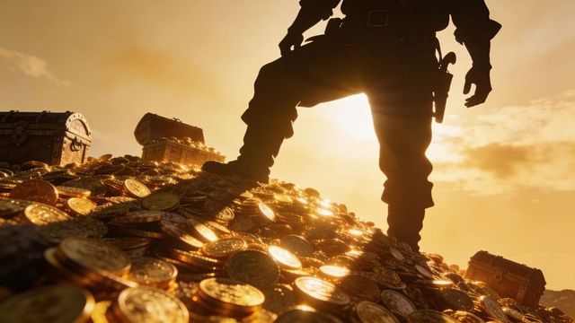 Silhouetted treasure hunter standing on gold coin mound at sunset with open chests