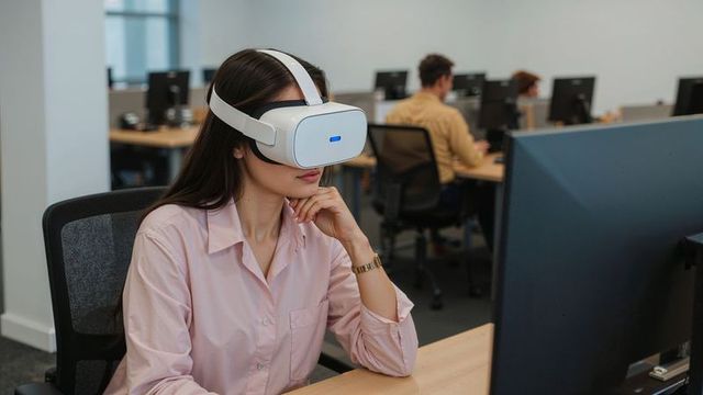 Woman Using VR Headset in Open-Plan Office Environment