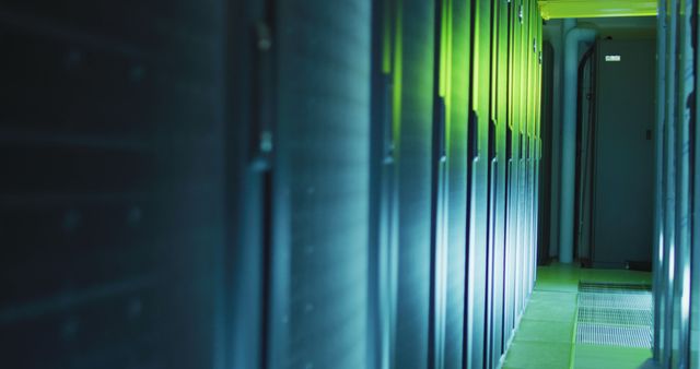 View of computer servers in business server room. digital information storage and communication network security.