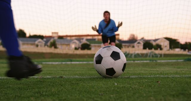 Soccer player taking a decisive penalty shot on a green grass field with a focused goalkeeper in the background. Ideal for illustrating soccer training methods, sports competitions, youth soccer events, and advertisements for sporting goods.