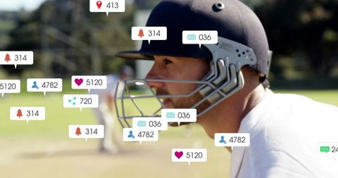 Cricket Player Engaging with Data and Social Media Icons